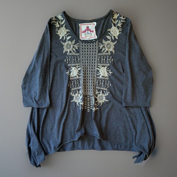 Johnny Was Shirt Women's XL Gray Cotton Tunic Embroidered Floral Glam Boho - Picture 1 of 9